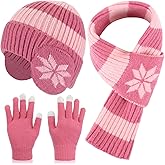 Chicingyou 3 Pcs Kids Hat Gloves Scarf Set Winter Knitted Beanie with Earmuffs Double Layer Scarf for Boy Girl 8-12 Years Old
