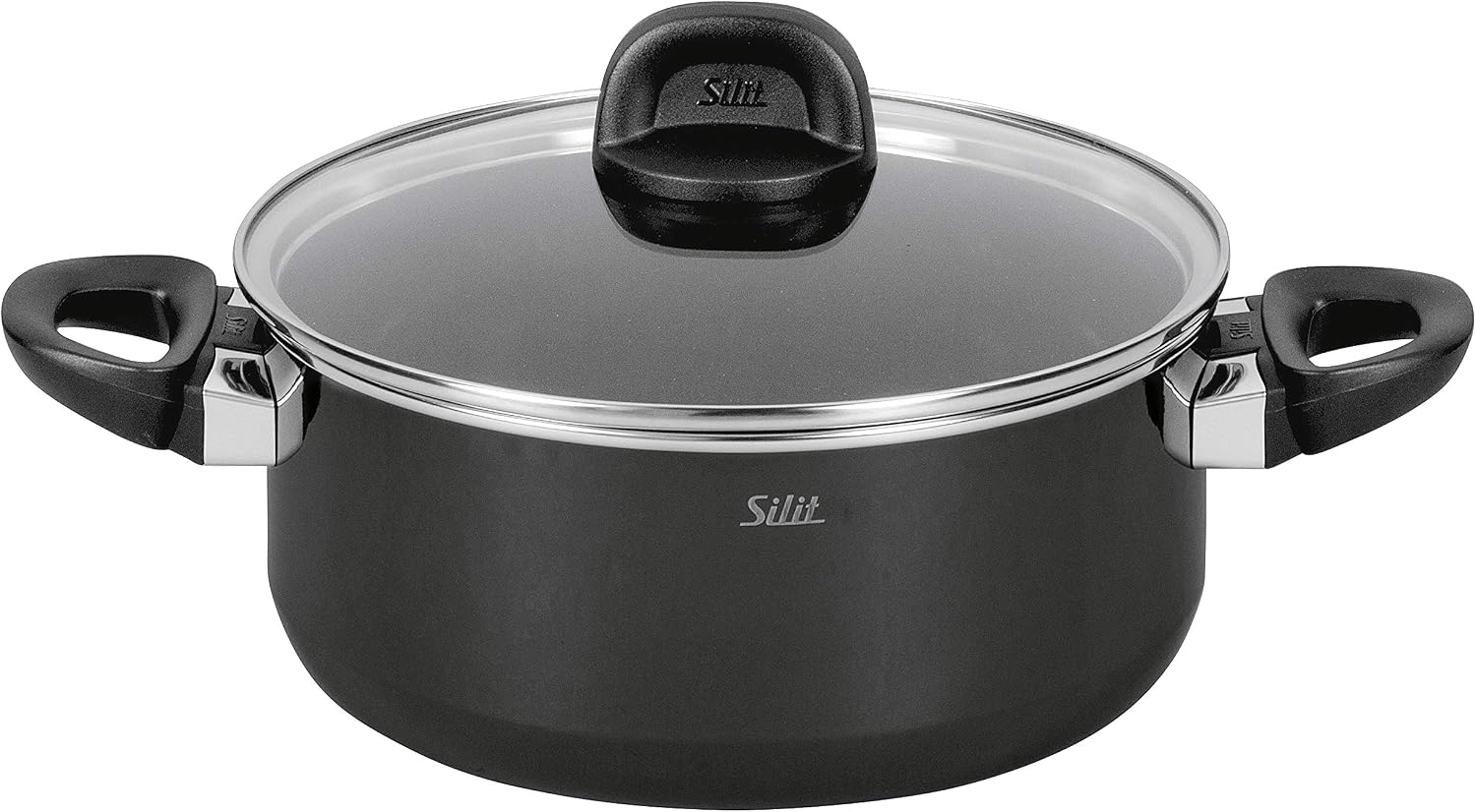 Silit Modesto Line Large Cooking Pot 24 cm, Pasta Pot with Glass Lid, Induction Stewing Pot 4.4 L, Silargan Functional Ceramic, Black