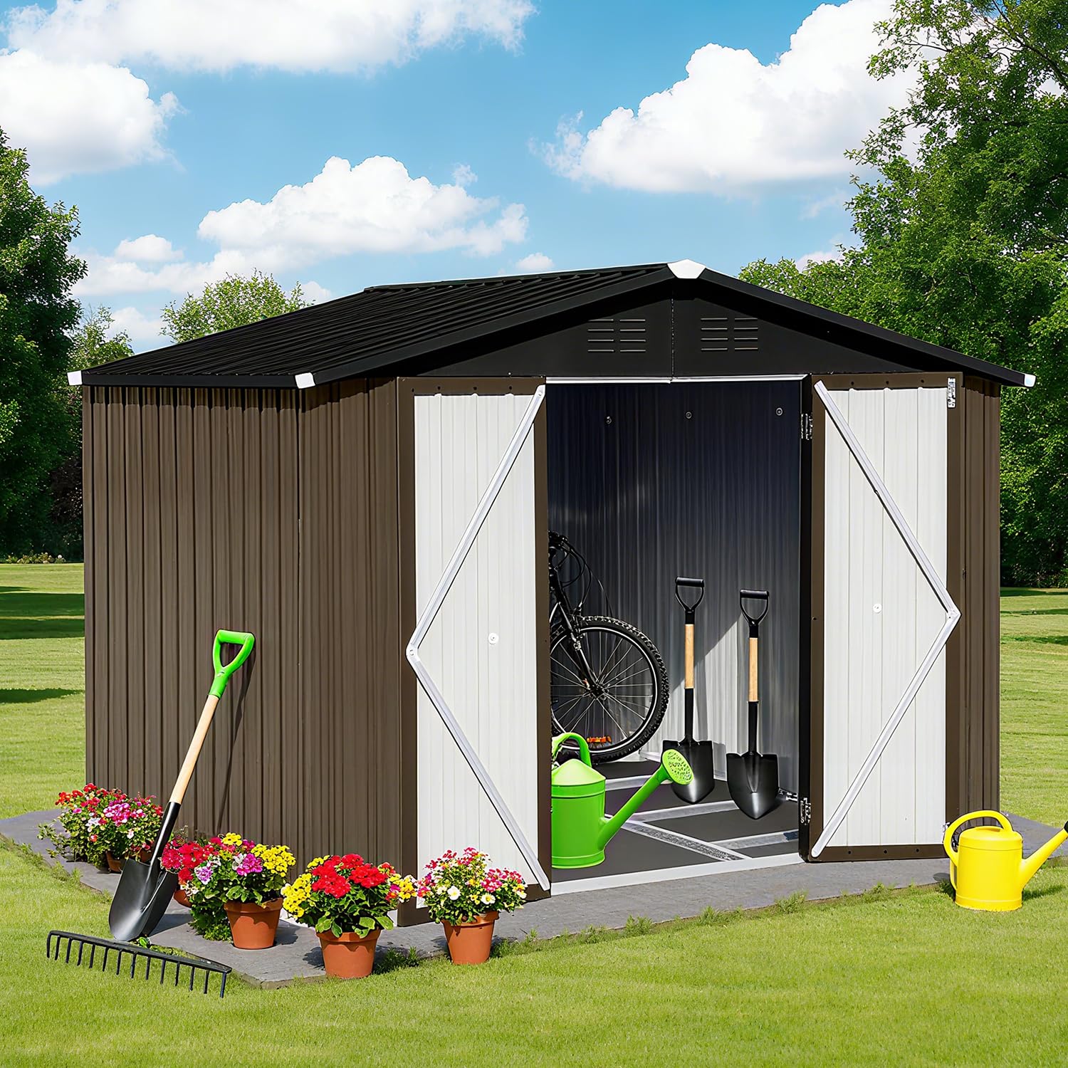 Photo 1 of **************INCOMPLETE ITEM, THIS IS ONLY 1 BOX IN A MULTI BOX SET**************
8 x 6 FT Outdoor Storage Metal Shed, Bike Garden Tool Shed with Slooping Roof, Lockable Doors and Aluminum Frames, Shed Easy to Assemble for Garden, Patio, Lawn, Brown