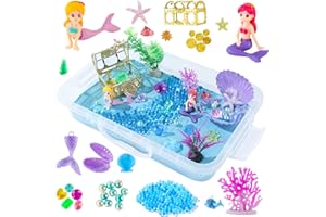 SIKMCLE Mermaid Sensory Bin Blue Moldable Sensory Sand Kit Ocean Sensory Play Sand and Sandbox with Lid Colorful Plastic Sea Shell Conch Starfish Gems Toys for Kids,Kids Gifts for Boys and Girls