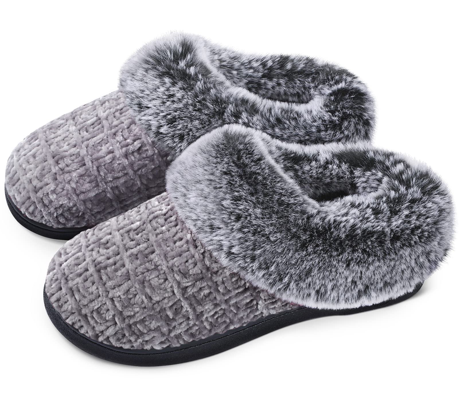 Photo 1 of **SHOWS SIGNS OF HEAVY USAGE*** DL Women's House Slippers with Fuzzy Plush Faux Fur Collar, Memory Foam Slip on House Shoes with Indoor Outdoor Anti-Skid Rubber Sole, Grey, 7-8
