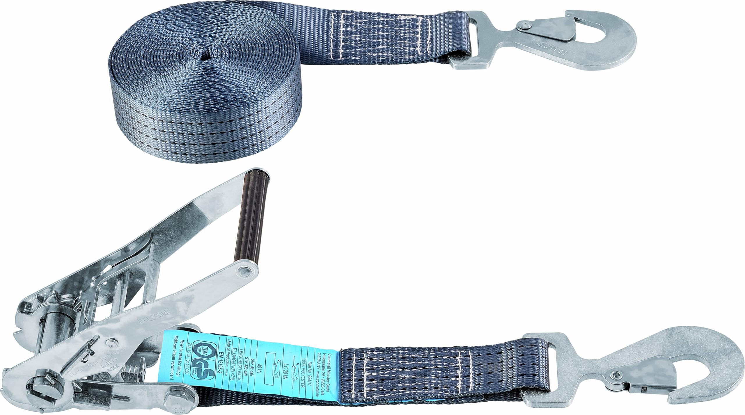 CONNEX B34417 Lashing Strap 8mx50mm 4000kg carab, Charcoal, 8 m x 50 mm (4000 kg)