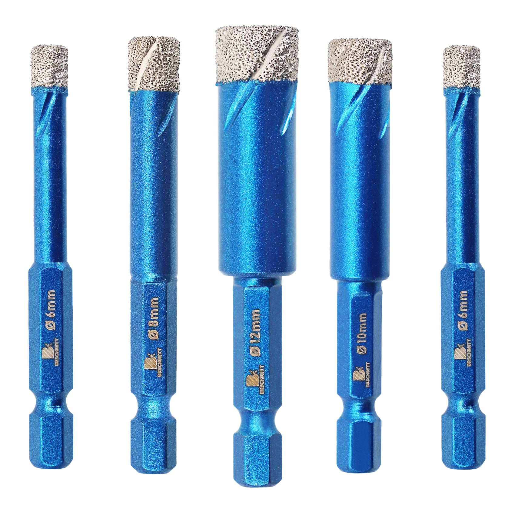 BRSCHNITT 5pcs/Pack Diamond Drill Bit Set, 1/4 5/16 3/8 1/2 Inch, Hex Shank, Dry Drilling, Diamond Core Drill Bit for Porcelain Tile Ceramic Stone Granite Marble, 6/8/10/12mm — image 1