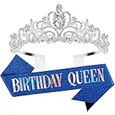 Velscrun Happy Birthday Queen AB Silver Tiara Crowns for Women, Blue Sash, Party Favors & Decorations