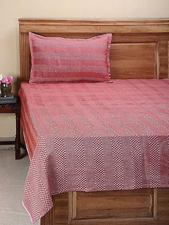 Dhrohar Classy Hand Woven Cotton Single Bed Cover with 1 Pillow Cover - Red
