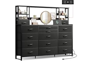 WLIVE Storage Organizer Unit with 15 Fabric Drawer & 5 Open Shelves, Tall Black Storage Drawers Organizer with Charging Station, Storage Tower Organizaton for Living Room, Hallway, Office