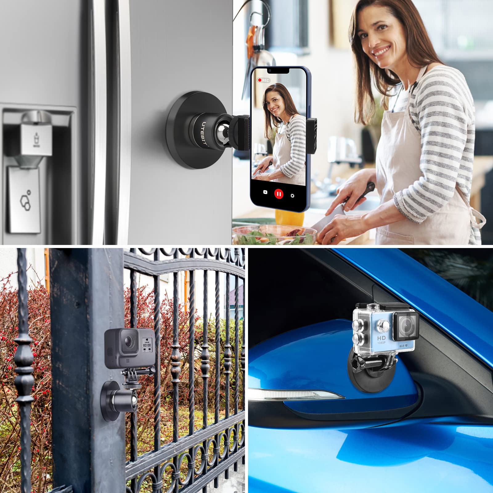 UTEBIT Magnethalterung Werkzeug mit 360° drehbarem Kugelkopf, Supermagnetischem 88-mm-Magnetfuß mit Smartphone-Halter, Kamera Magnethalter Kompatibel mit GoPro, Action-Kamera, max belastbar 30 kg 7