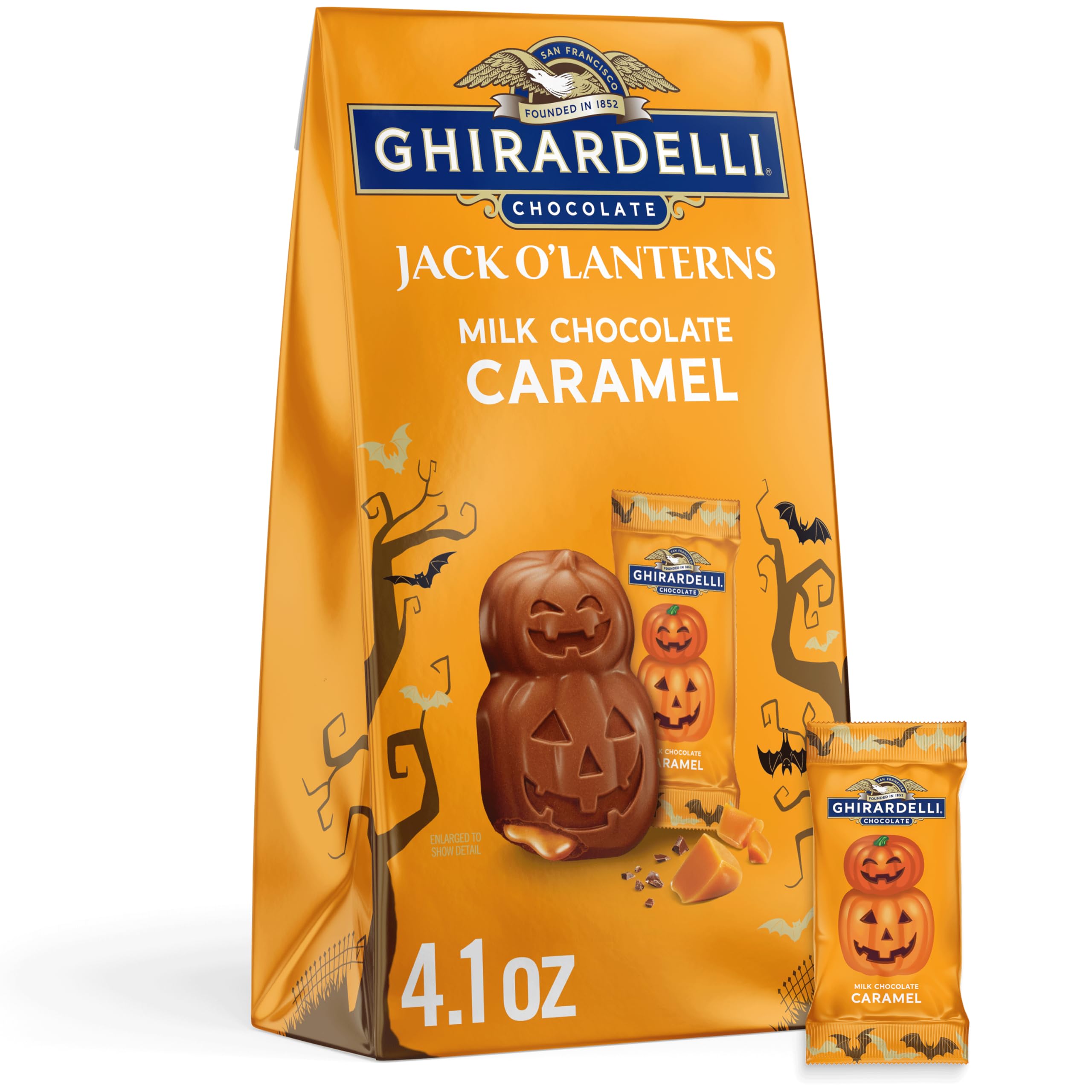 Photo 1 of ***EXPIRED PRODUCT FINAL SALE NO REFUND NO RETURN*** 3PACK***GHIRARDELLI Milk Chocolate Caramel Jack O’ Lanterns, 4.1 oz Bag – Premium Halloween Chocolate Candy with Luscious Caramel Filling
