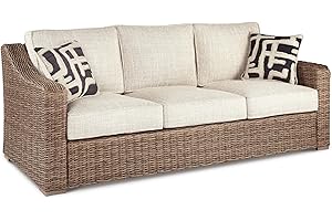 Signature Design by Ashley Beachcroft Outdoor Wicker Patio Sofa with Cushion and 2 Pillows, Beige