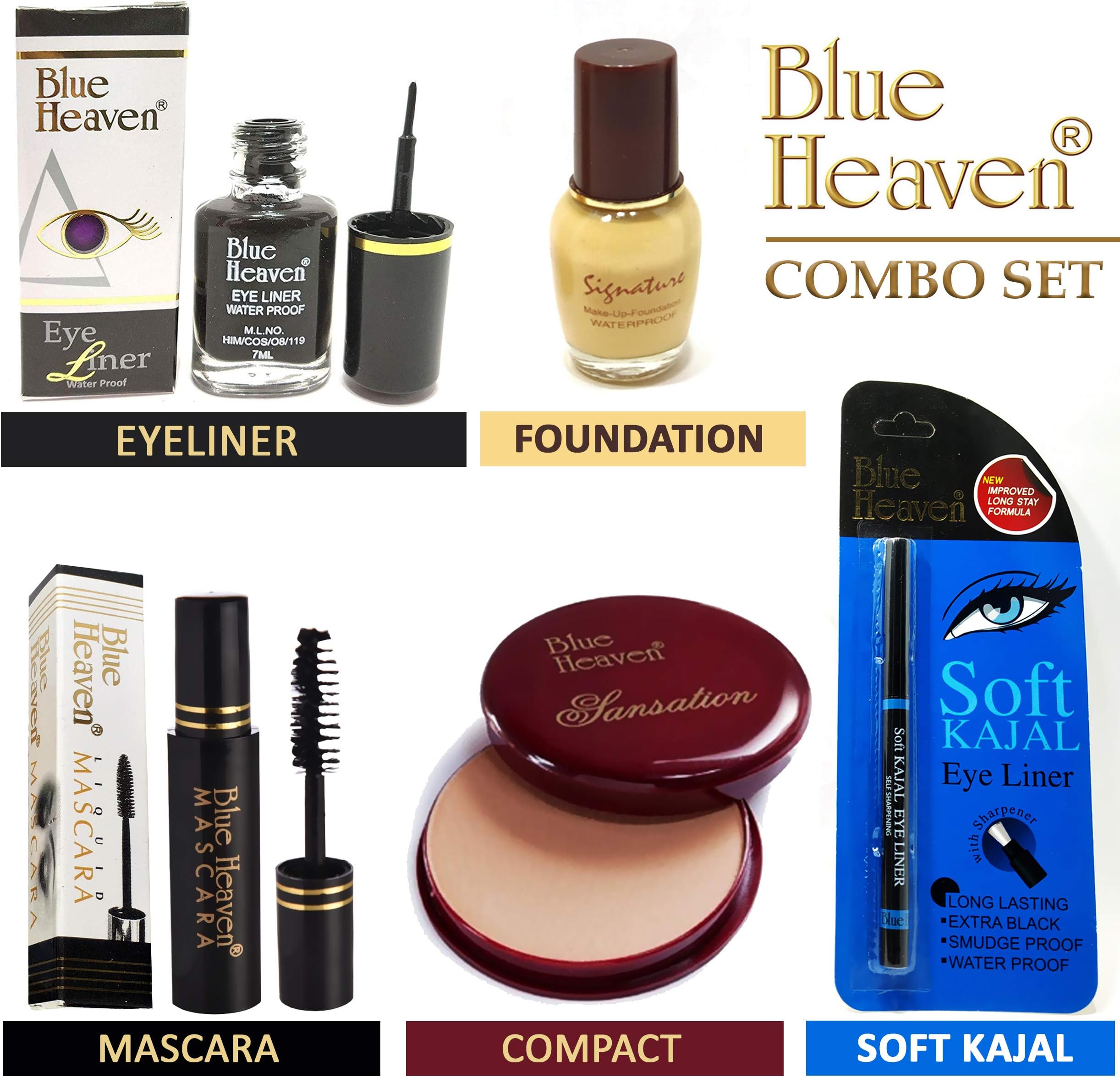 indiaglee Blue Heaven Eyes Makeup Kit of Eyeliner, Mascara, Kajal, Foundation, Compact - Set of 5 Pieces