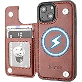 ONETOP Compatible with Magsafe for iPhone 14 Wallet Case with Card Holder, PU Leather Kickstand RFID Blocking Case, Double Magnetic Clasp and Durable Shockproof Cover 6.1 Inch (Brown)