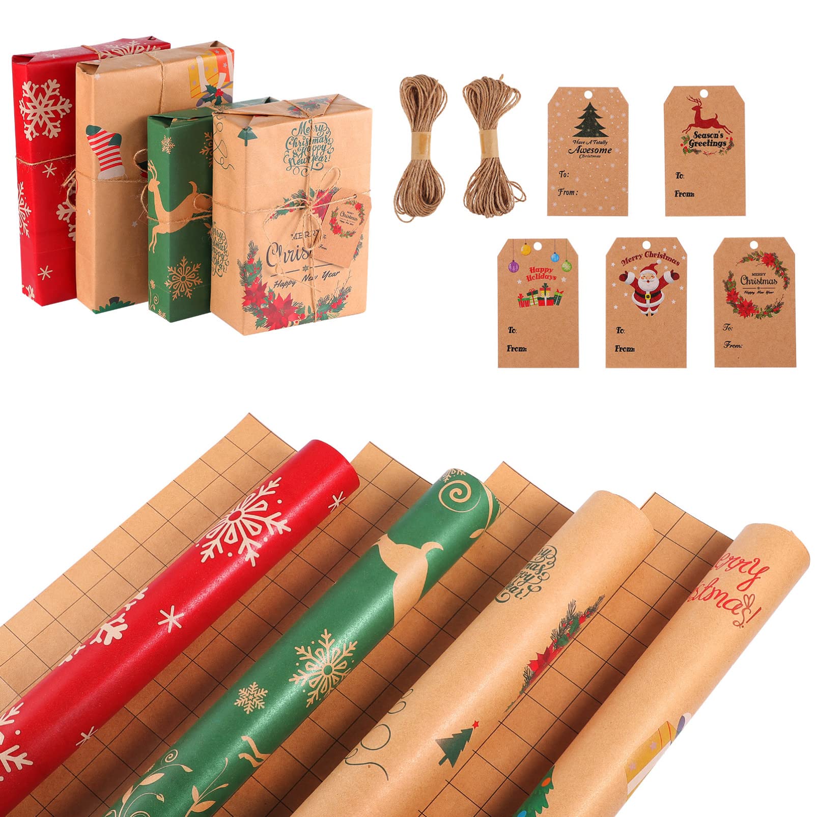 Christmas Wrapping Paper, Made from Recycled Kraft Paper, 8pcs 50 x70cm Christmas Wrapping Paper with 5pcs Tags 2pcs 5m Jute Strings 4 Styles