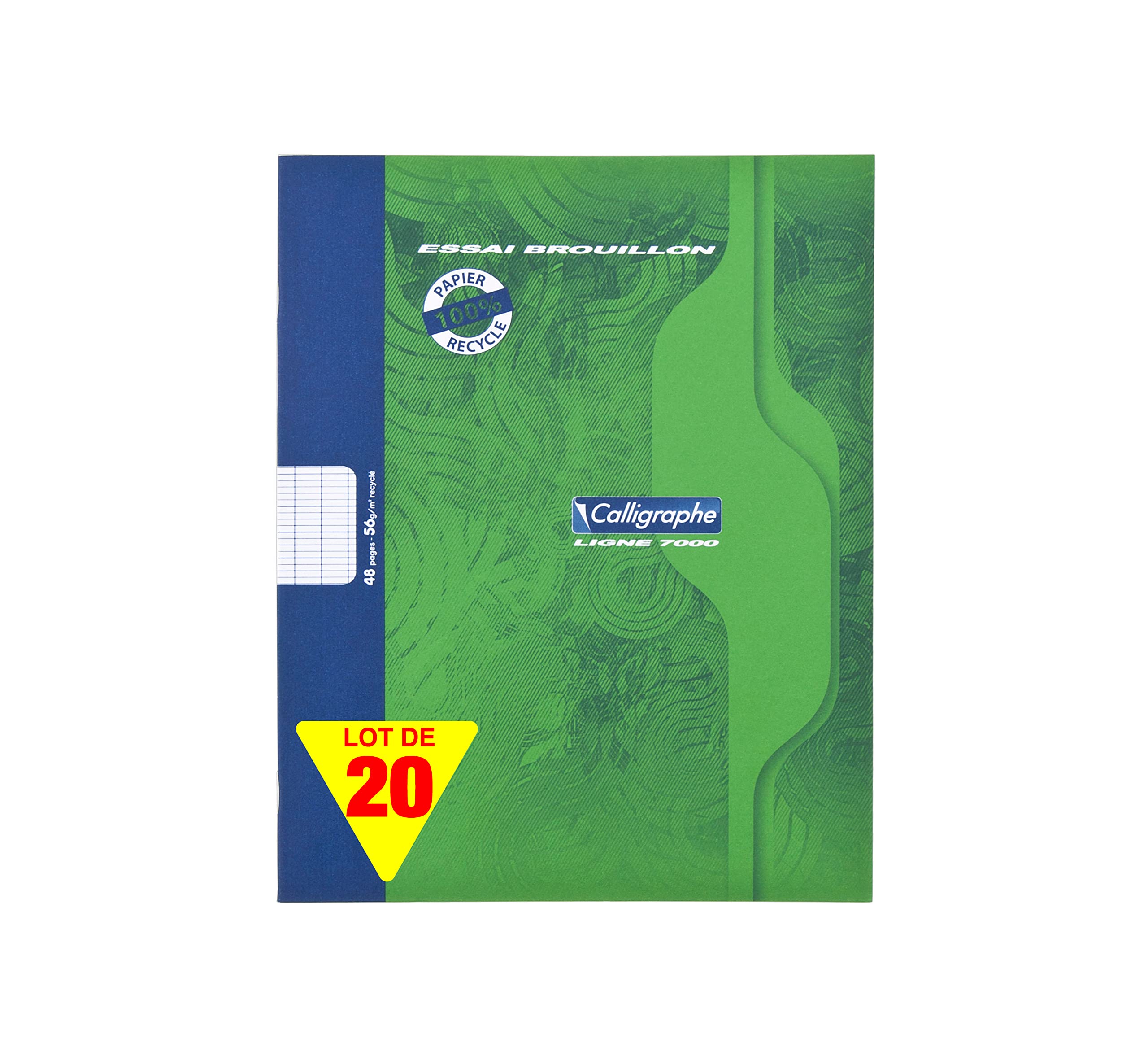 Calligraphe 2148C Set of 20 Green Stapled Rough Books (a Clairefontaine Brand) - 17x22 cm - 48 Seyes Ruled Pages - 56 g 100% Recycled Paper - Offset Card Cover