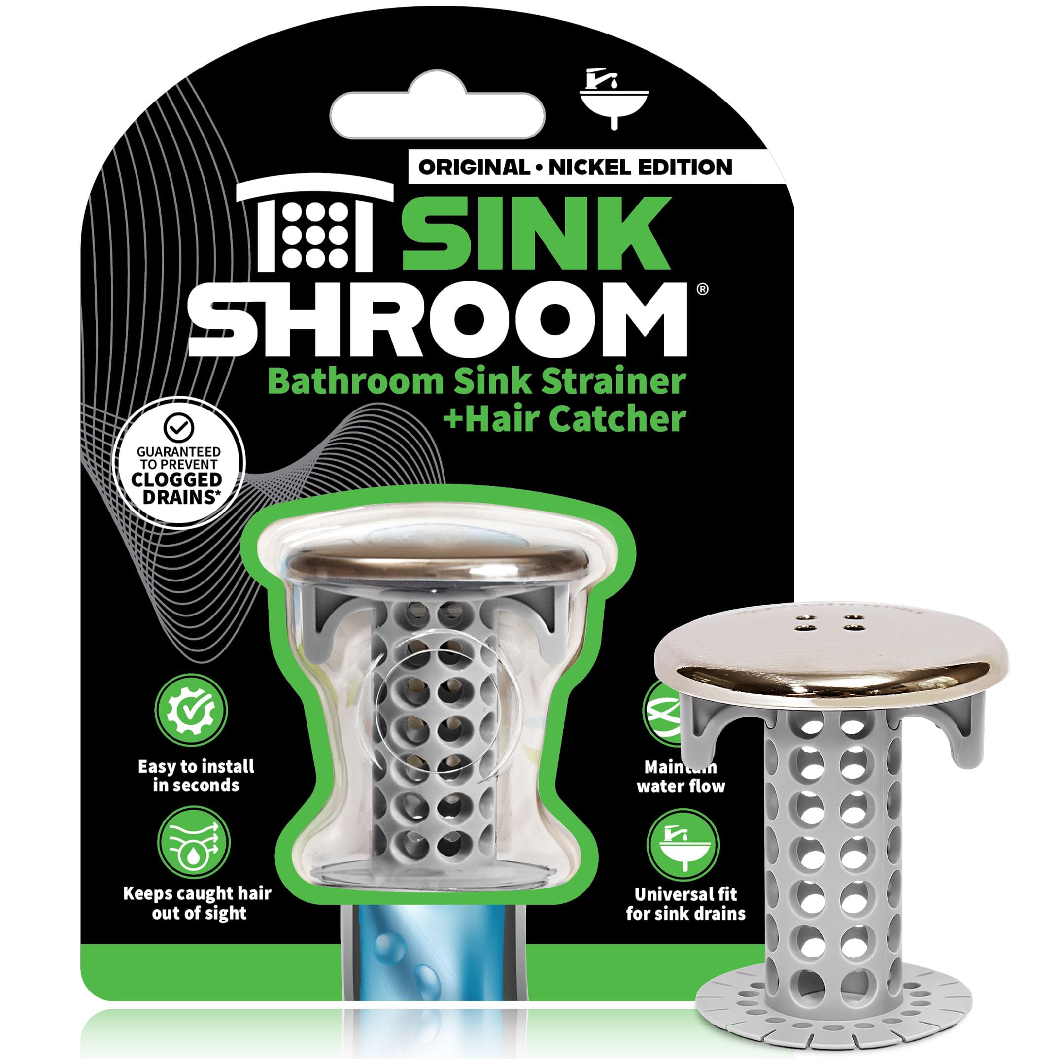 SinkShroom Revolutionary Bathroom Sink Drain Protector Hair Catcher Strainer, Nickel