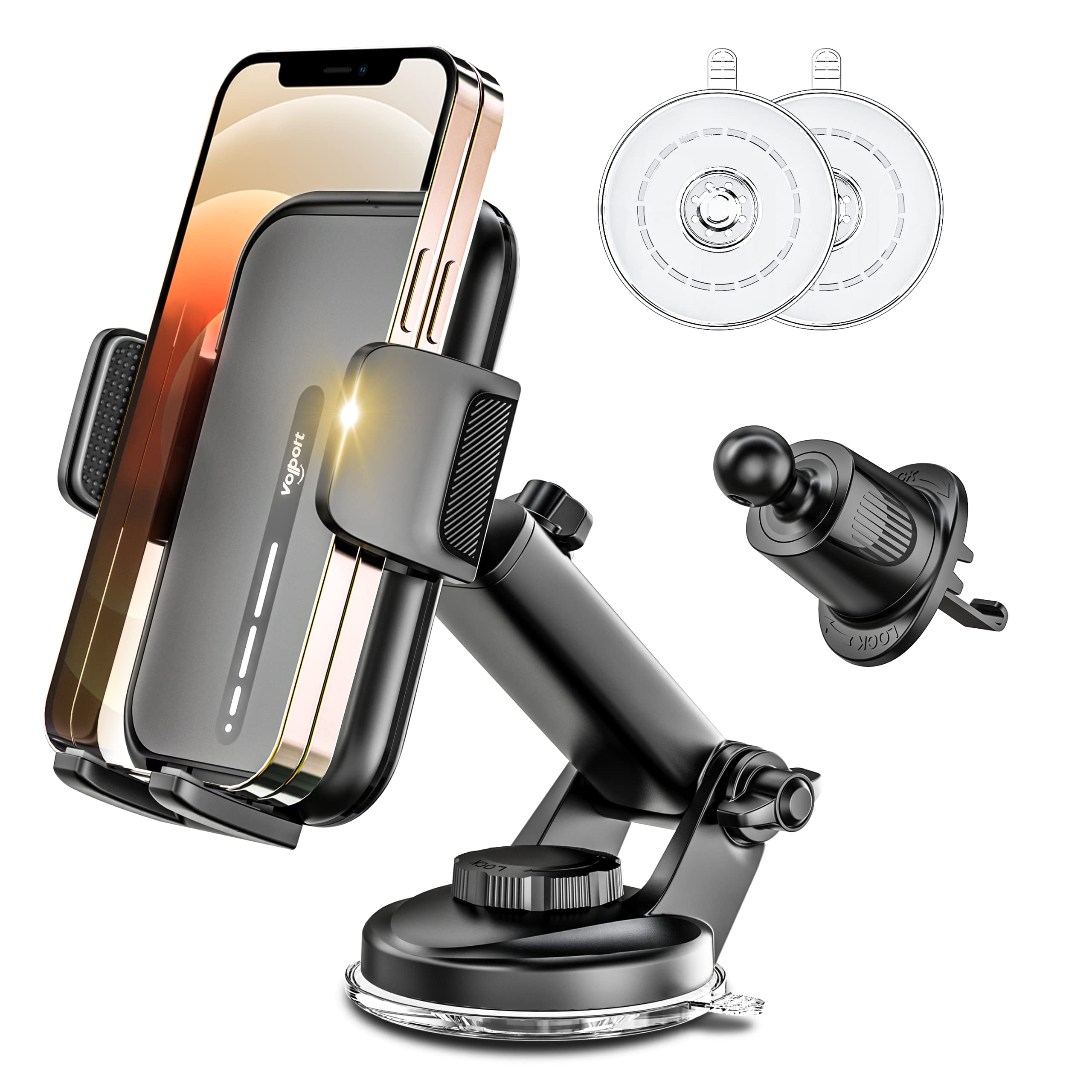 volport Cell Phone Mount for Car [Universal for iPhone Wallet & Thick Case] Military Suction Car Phone Holder for Dashboard & Windshield, Air Vent Clip with Deep Wide Clamp for Big Heavy Cellphone