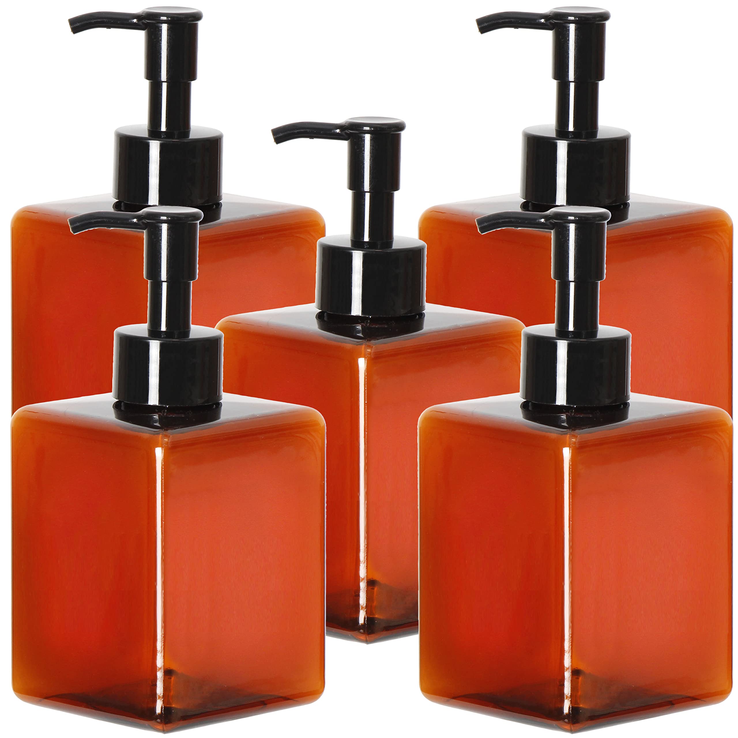 Youngever 5 Pack Amber Plastic Square Pump Bottles, Refillable Plastic Pump Bottles for Dispensing Lotions, Shampoos(350ML)