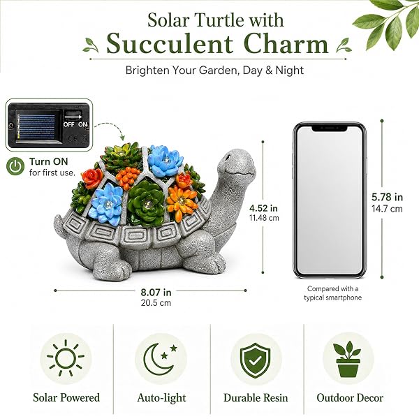 NACOME SOLAR GARDEN OUTDOOR STATUES TURTLE WITH SUCCULENT AND 7 LED LIGHTS – LAWN DECOR STATUE FOR PATIO, BALCONY, YARD ORNAMENT – GIFTS FOR MOM GRANDMA WOMEN