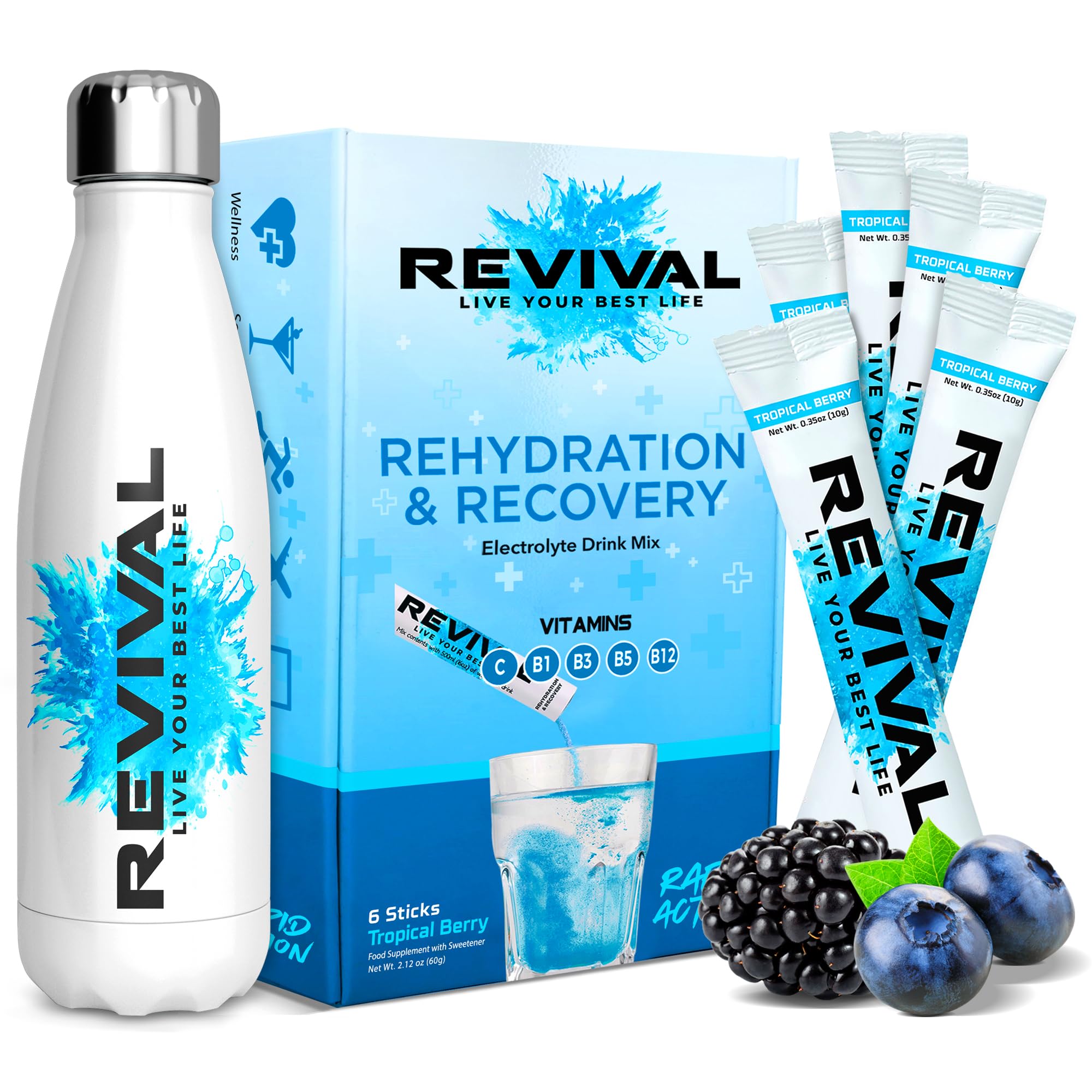 Revival Rapid Rehydration Starter Pack - 500ml Steel Water Bottle with 1 x 6 Packs Electrolytes Powder Sachets - Tropical