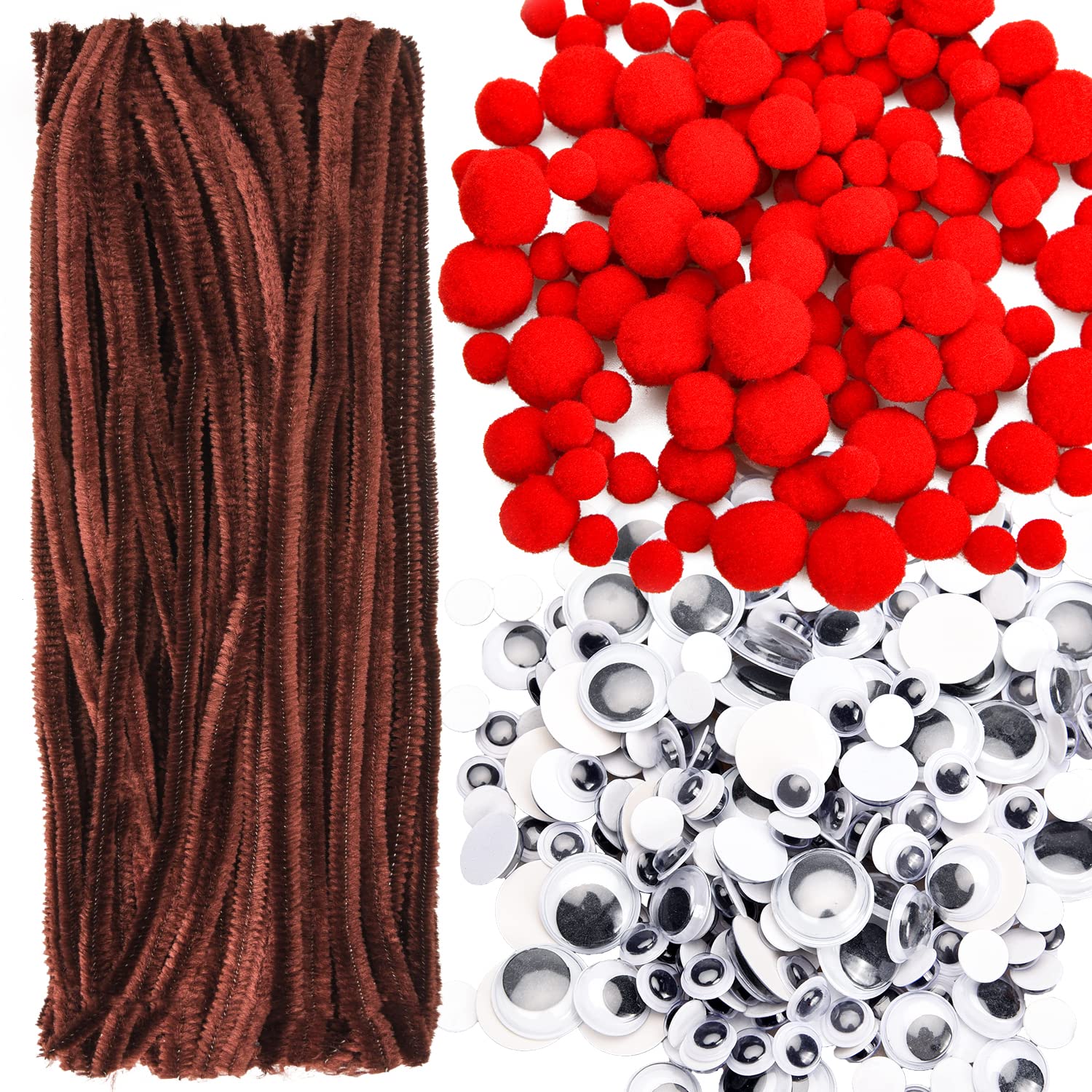 Lezevn 900 Pieces Christmas Reindeer DIY Craft Set Pipe Cleaners Set Brown Pipe Cleaners 3 Size Pom Poms, Google Eyes Christmas Set Party Supplies