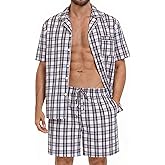 SWOMOG Mens 100% Cotton Pajama Set 2Pcs Button Down Pjs Set Short Sleeve Sleepwear with Pocket Soft Summer Stripe Nightwear
