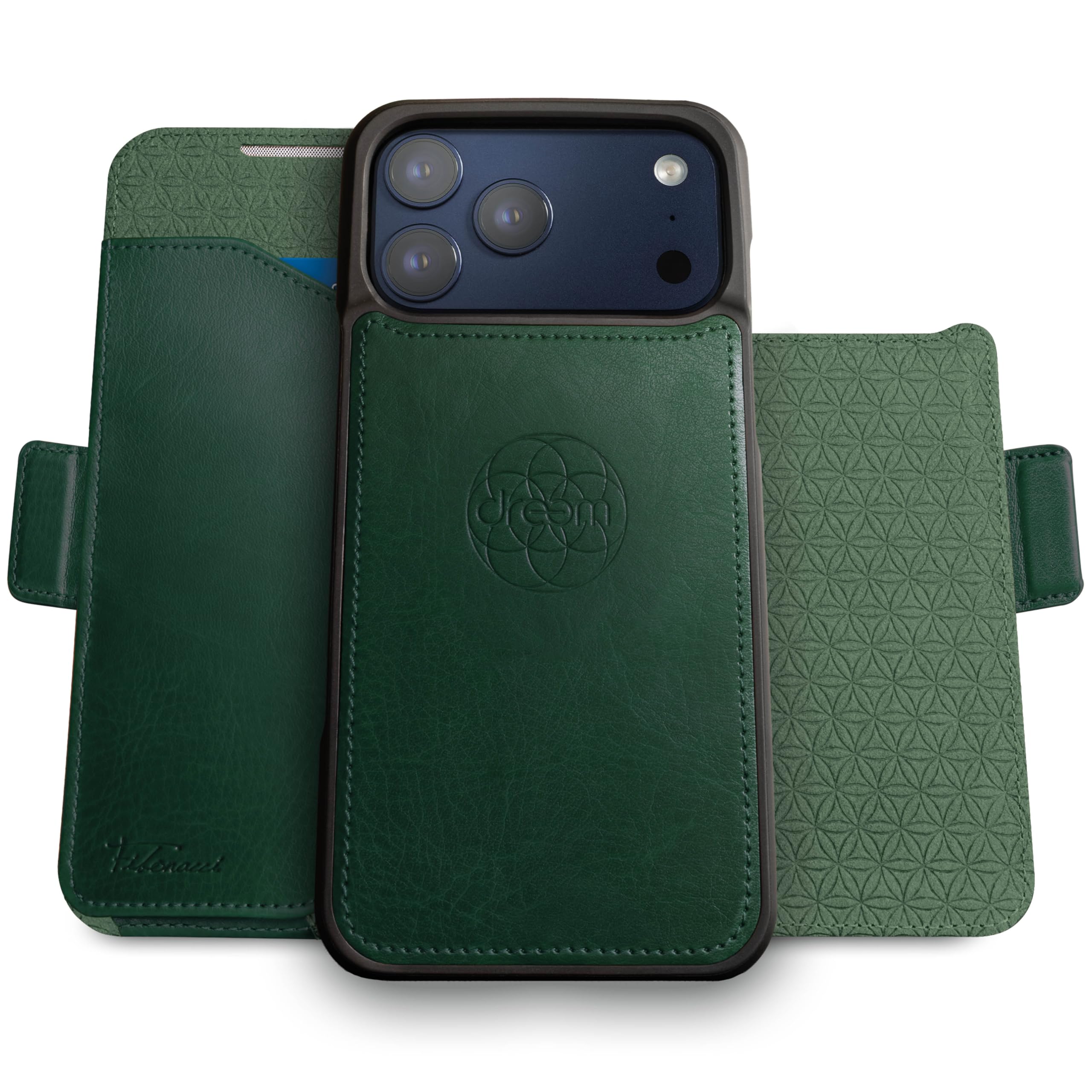 Dreem Wallet Case for iPhone 17 Pro Max, Revolutionary Vert/Hor Phone Stand, Magnetic Detachable Vegan Leather Flip Cover RFID Blocking Card Holder, MagSafe-Fit, Gift Box [Fibonacci: Dark Green] Image