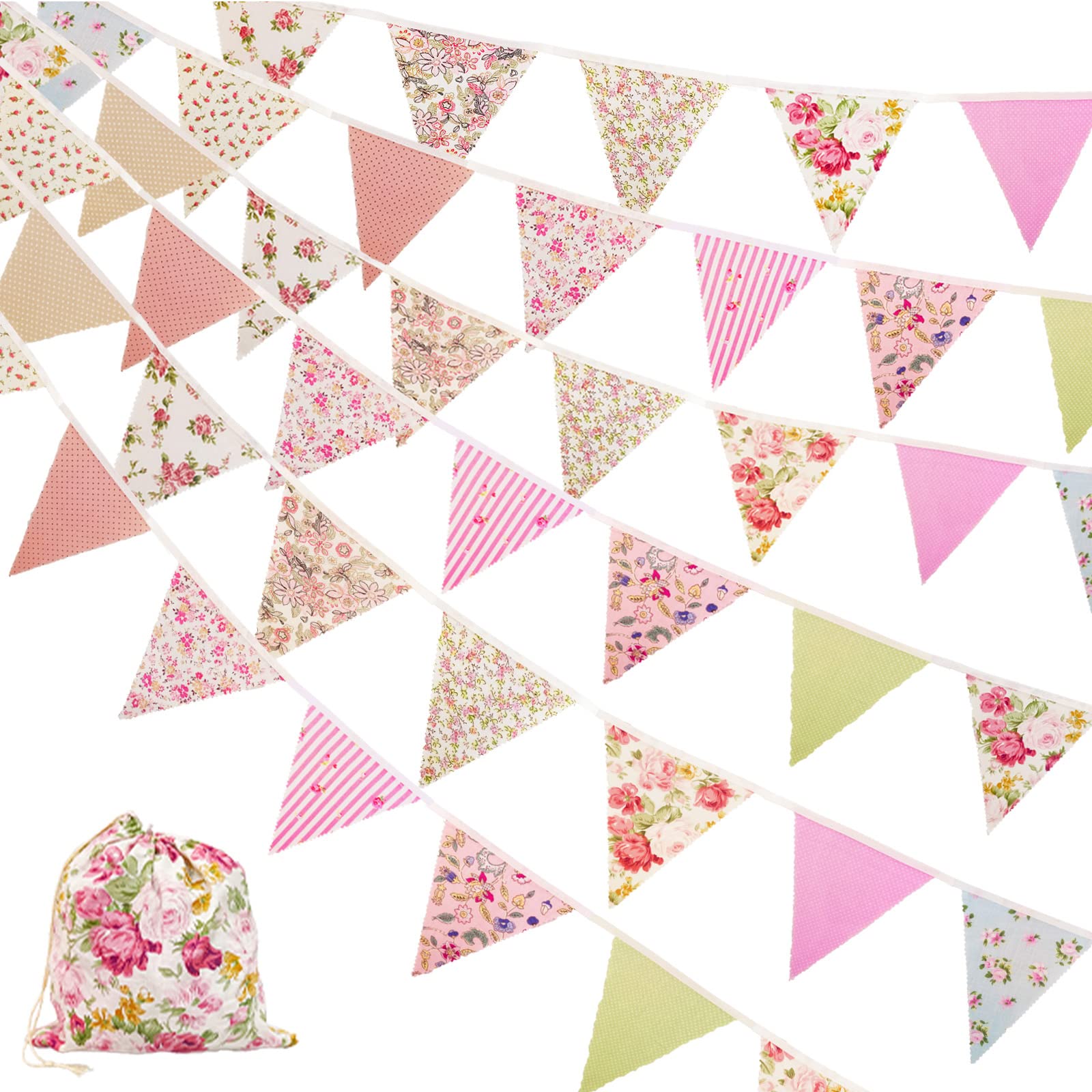 42PCS Fabric Bunting, 12M/40ft Floral Bunting Reusable Cotton Vintage Triangle Flags, Outdoor Bunting Banner for Wedding Baby Shower Garden Birthday Parties — image 1