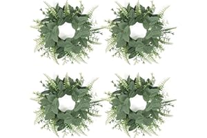 Dremisland 4PCS Eucalyptus Wreath Faux Kitchen Cabinet Wreaths 10in Mini Candle Rings Wreath Farmhouse Greenery Wreaths for D