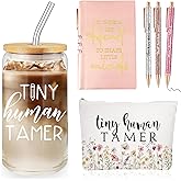 Domensi 6 Pcs Tiny Humans Tamer Teacher Appreciation Week Gift Thank You Gift for Teachers Preschool Daycare Kindergarten 16oz Glass Jar Cup with Straw Leather Journal Ballpoint Pen Makeup Bag(Pink)