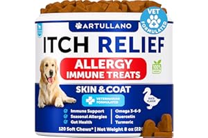 ARTULLANO Dog Allergy Relief Chews - Itching Skin Relief for Dogs - Fish Oil - Omega 3 - Seasonal Allergies Pills - Skin & Coat, Anti Itch,Hot Spots Treatment - Canine Immune Health Supplement - 120 Soft Treats