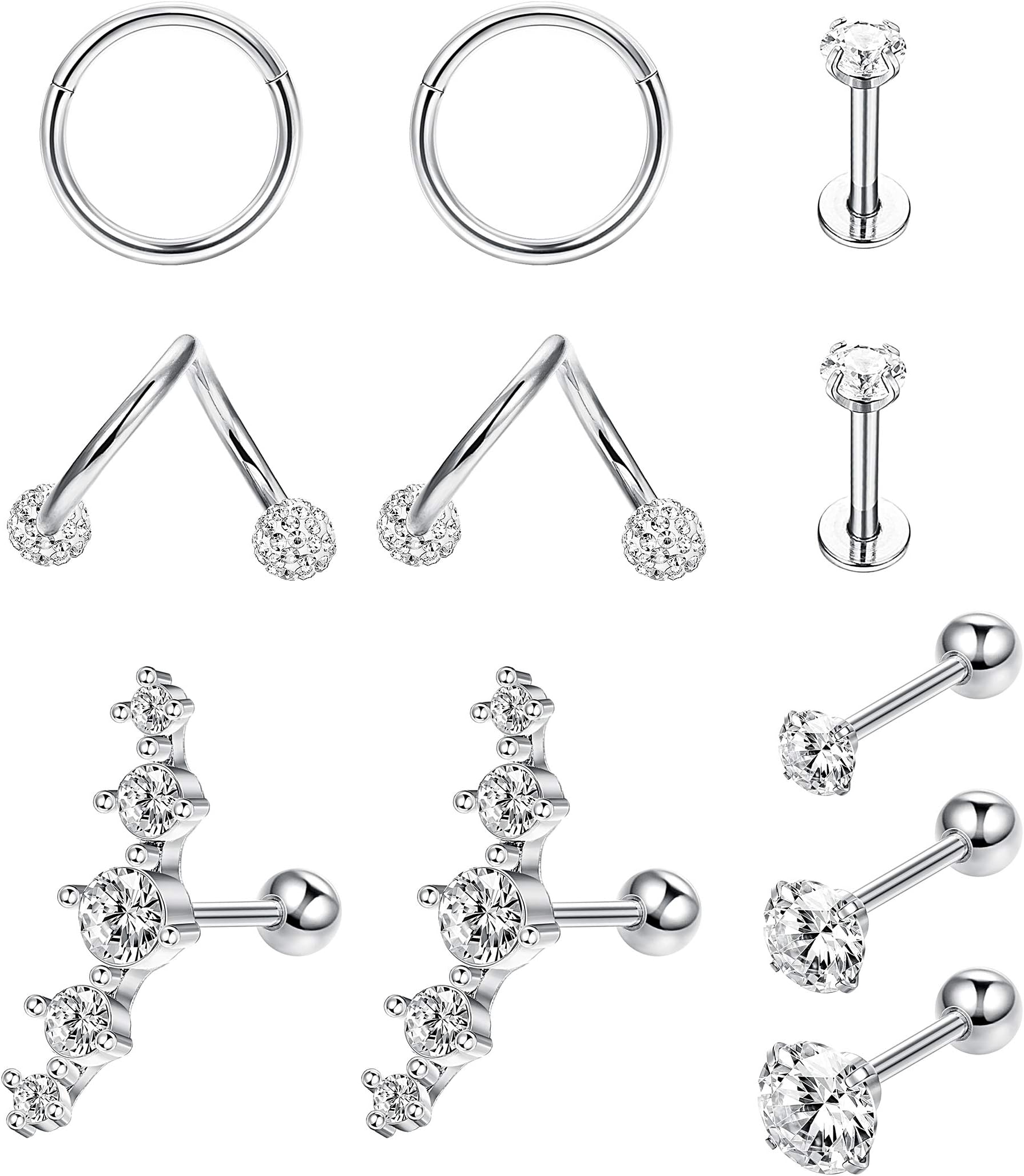 11Pcs 16G Stainless Steel Ear Cartilage CZ Stud Earrings for Women Girls Tragus Helix Toned Piercing Jewelry