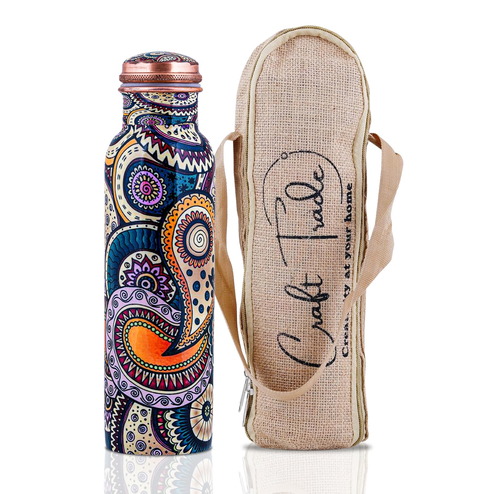 Craft Trade Printed Pure Copper Bottle with Lid and Carry Bag for Drinking Water BPA Free Leak Proof Boosts Immunity, Supports Digestive & Ayurveda Inspired 34oz - 1 Litre
