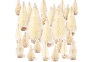 SATINIOR 60 Pieces Artificial Mini Christmas Tree Sisal Snow Trees Bottle Brush Christmas Trees Pine Trees Ornaments with Wooden Base for Christmas Party Home Decoration (4 Sizes, White)