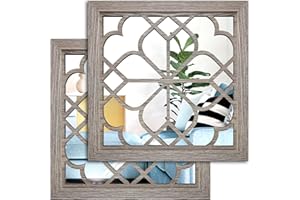 Wocred 2 PCS Square Wall Mirror,Gorgeous Rustic Farmhouse Accent Mirror,Barn Wood Color Entry Mirror for Bathroom Renovation,Bedrooms,Living Rooms and More(12”x12”)