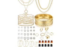 YEEZII 56 Pcs Gold Jewelry Set for Women with 5Pcs Layered Necklace, 5Pcs Layered Necklace, 12 Bracelets, 4 Hoop Earrings, 8 Stackable Rings, 10 hairpins, 12 Studs Earrings Jewerly set for Women