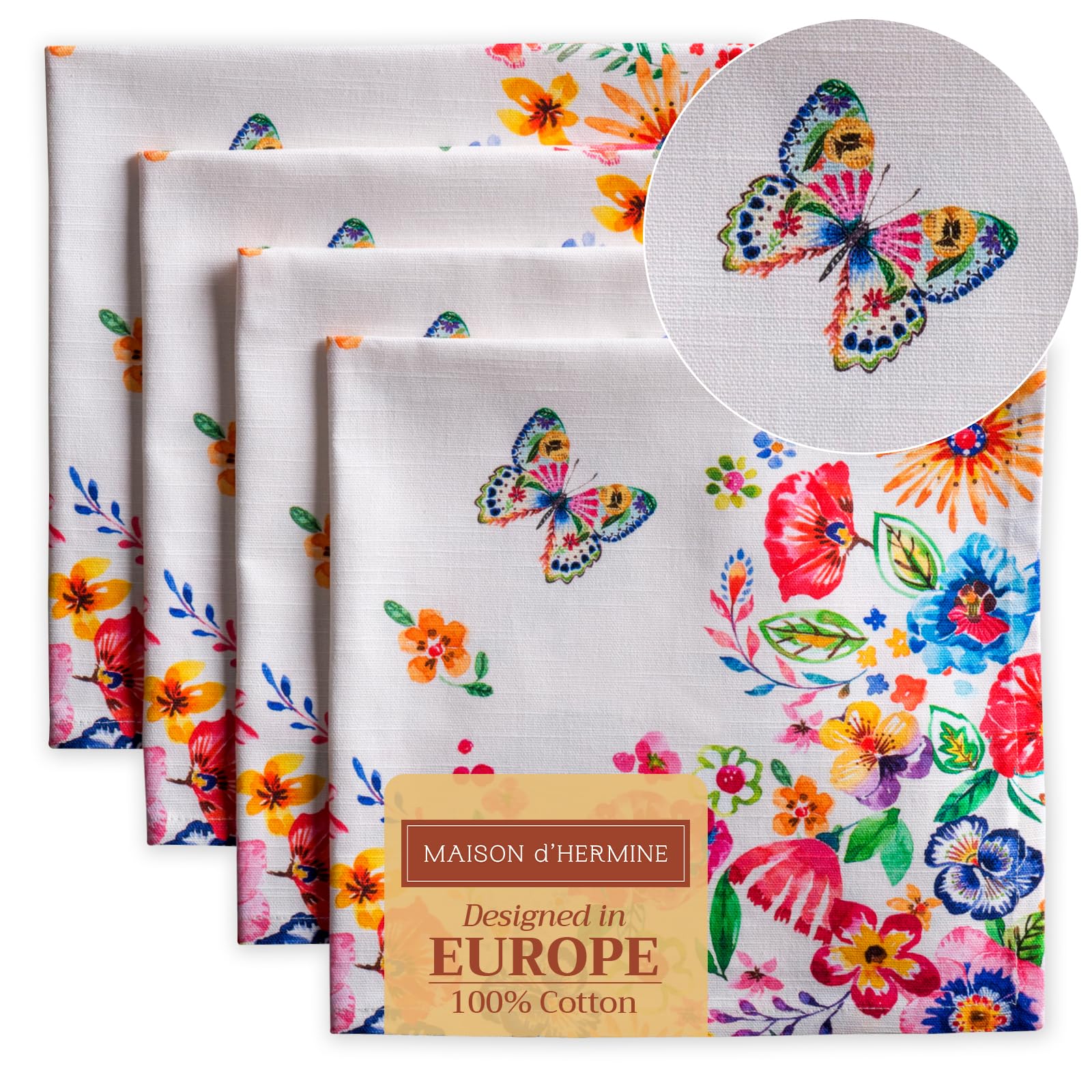 Maison d' Hermine Cloth Napkins Set of 4 100% Cotton Everyday Reusable Square Napkins Cloth Washable Dinner Party Wedding Restaurant Gifts for Mothers Day (Happy Florals - High Summer, 45 CM x 45 CM)