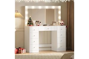 Dowinx Vanity Desk with Large Mirror and Lights, 43.3in Vanity Desk with 12 LED Bulbs and HD Mirror, 3 Lighting Modes, Makeup Vanity with Power Outlet 9 Drawers & Storage for Girls Bedroom