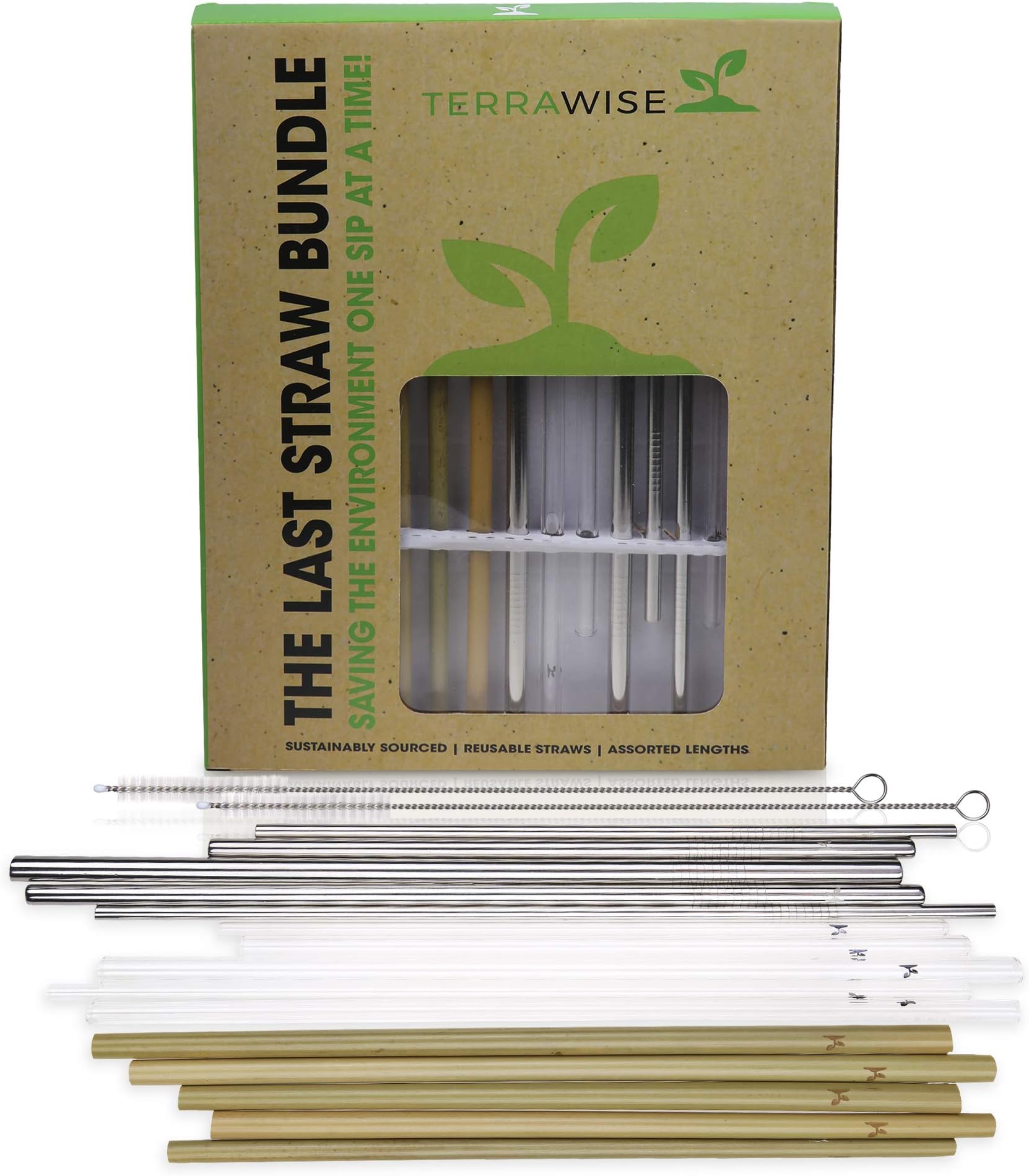 15 Eco-Friendly Reusable Drinking Straws Stainless Steel, Glass, Bamboo Straws including 2 Cleaning Brushes Value Pack…