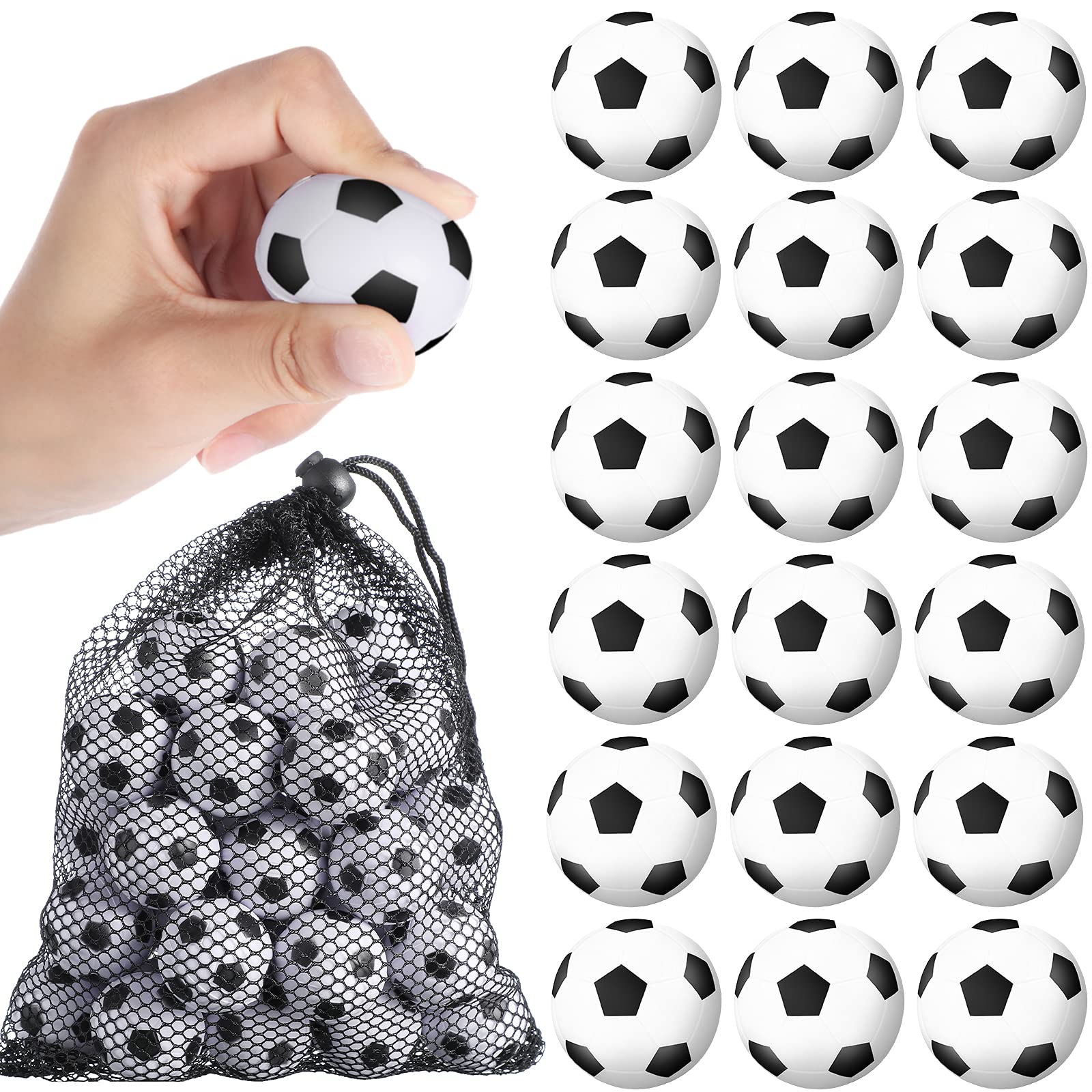 Photo 1 of Kasyat 40 Pcs Mini Soccer Stress Balls Sports Foam Stress Balls Relaxation Gadgets Fidget Relief Toy Bulk Soccer Party Favors with Drawstring Mesh Bag, 1.2 Inch