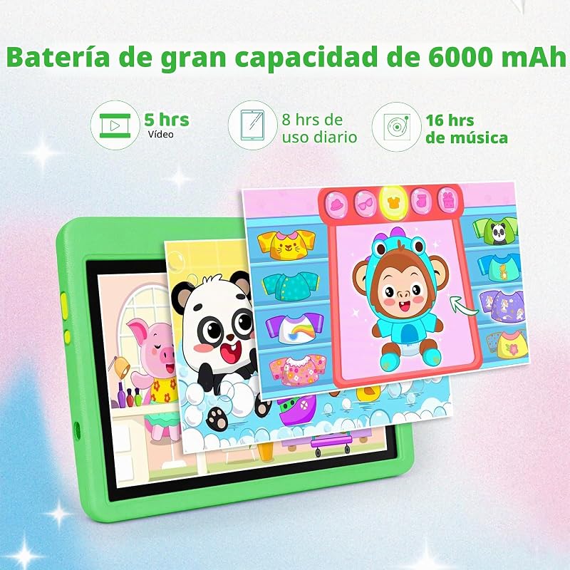 Tablet para Niños 10 Pulgadas, Tablet Infantil Android 16 Cinco Núcleos, 24GB RAM 128GB ROM, Pantalla IPS HD 1280×800, Batería 6000mAh, Control Parental, WiFi 6 Bluetooth (Verde) — foto 5 de 7