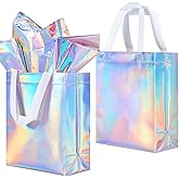 Lzerking 50-Pack Reusable Gift Bags (10x8x4 Inches) Holographic Non-Woven Eco-Friendly Party Favor Bags with Handles for Weddings, Christmas, Birthdays, Bulk Gift Packaging