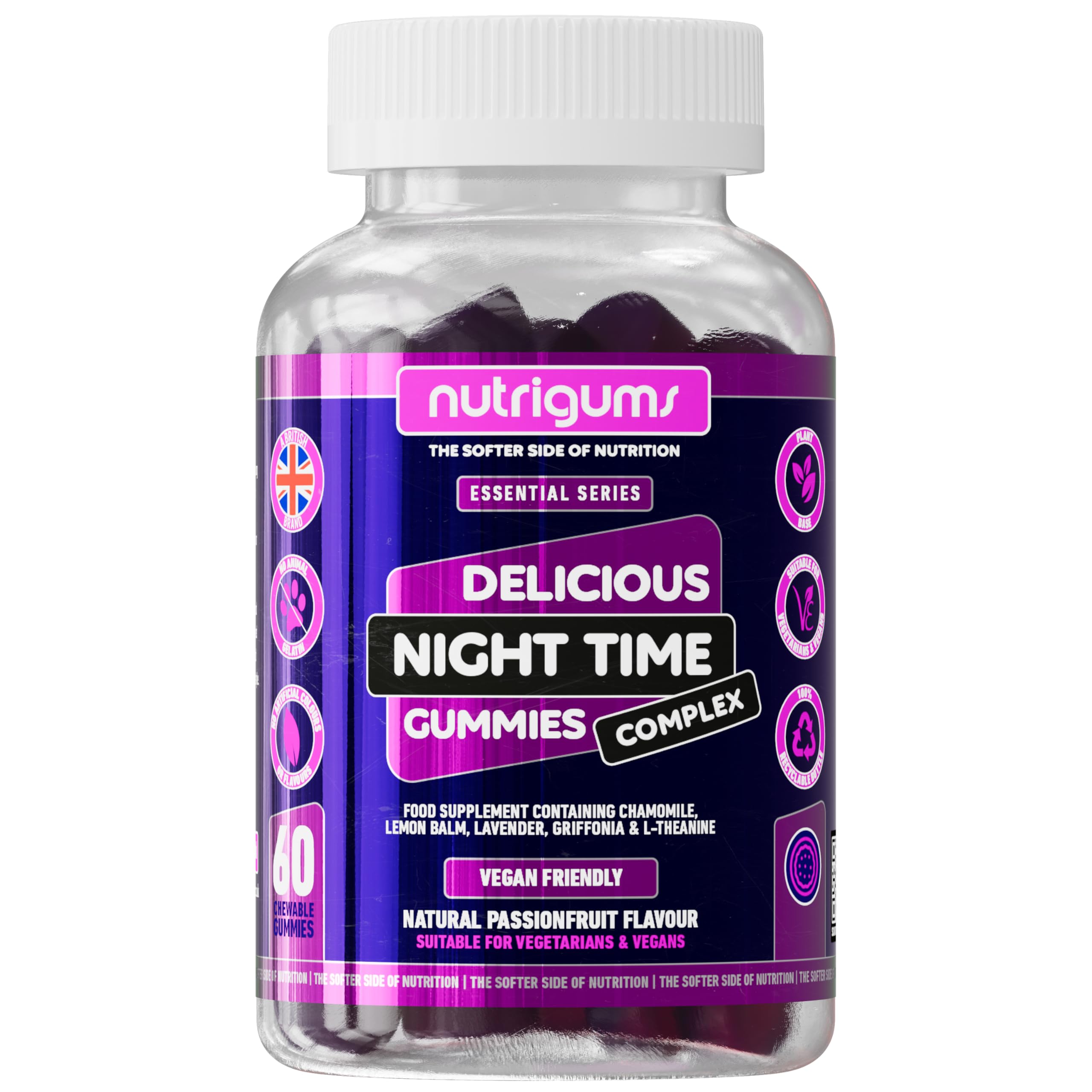 Night Time Complex Gummy | Chamomile, Lemon Balm, Lavender, Griffonia & L-Theanine | Passionfruit Flavour | 60 Vegan Gummies | Sleep & Bed Relaxation Support by NUTRIGUMS®