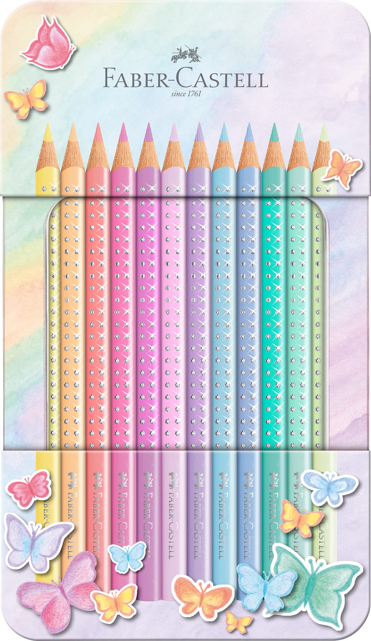 Faber-Castell Colouring Pencils Sparkle Pastel Pack of 12 Metal Case tin of 12 โ image 1