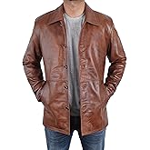 STOREJEES Mens Classic Winter Leather Car Coat 3/4 Length - Button Up Real Lambskin Long Jacket
