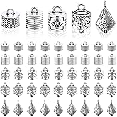 PH PandaHall 50pcs Tibetan Style Cord Ends 5 Styles 9~15mm Inner Diameter Large Size Glue-in Cord Terminators Barrel End Tip Silver Cord Caps with Loop Ring for Jewelry Tassel Keychain Bag Pendant