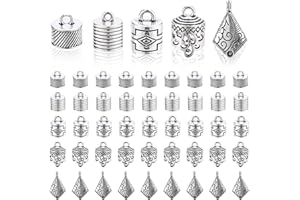 PH PandaHall 50pcs Tibetan Style Cord Ends 5 Styles 9~15mm Inner Diameter Large Size Glue-in Cord Terminators Barrel End Tip Silver Cord Caps with Loop Ring for Jewelry Tassel Keychain Bag Pendant
