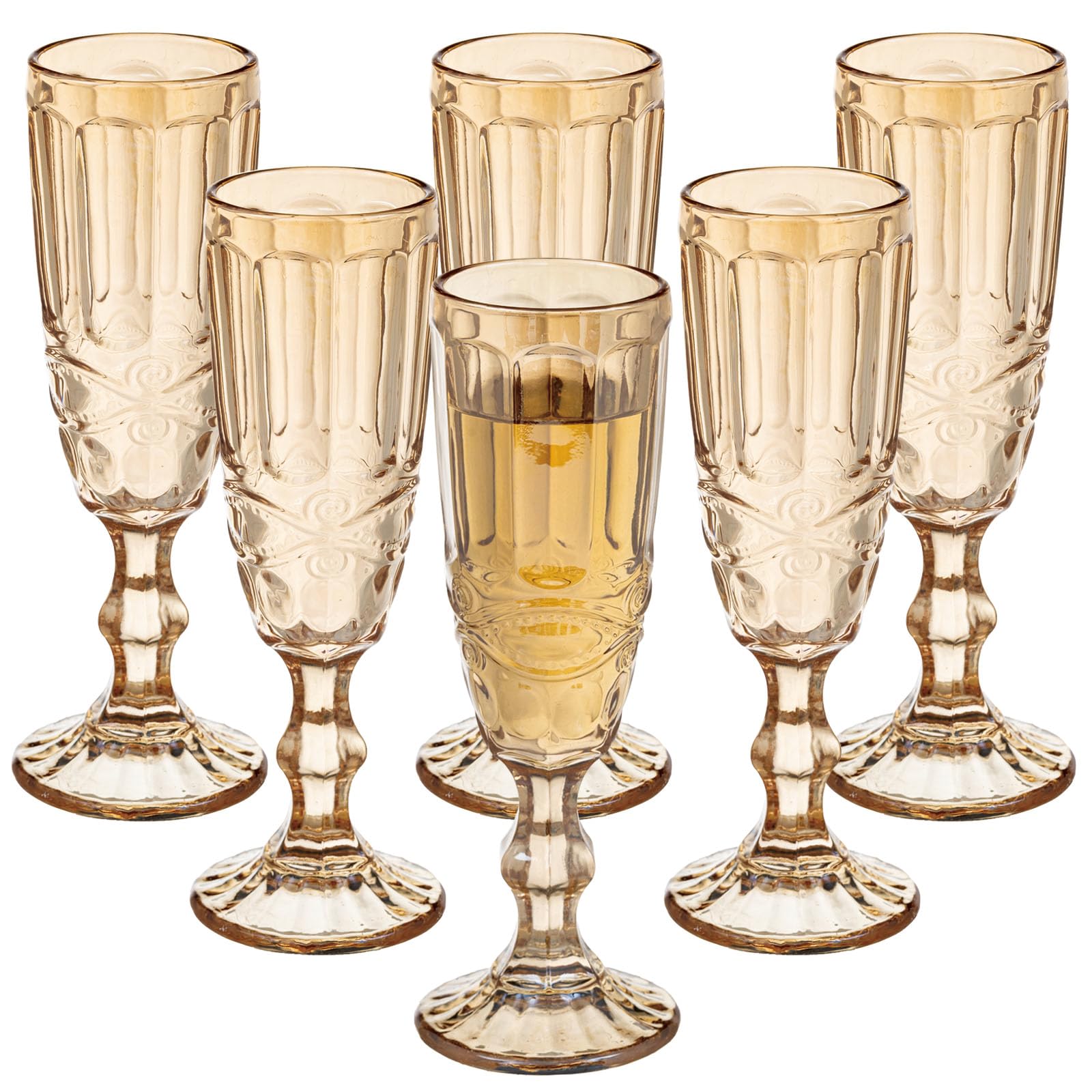 Photo 1 of 5 Ounces Wine Glasses Champagne Flutes Goblets Drinking Glasses,Vintage Unique Embossed Pattern Glassware Colored Flutes,High Clear Wedding Toasting Glasses Wine Cups for Bridal Party (6pcs, Amber)
