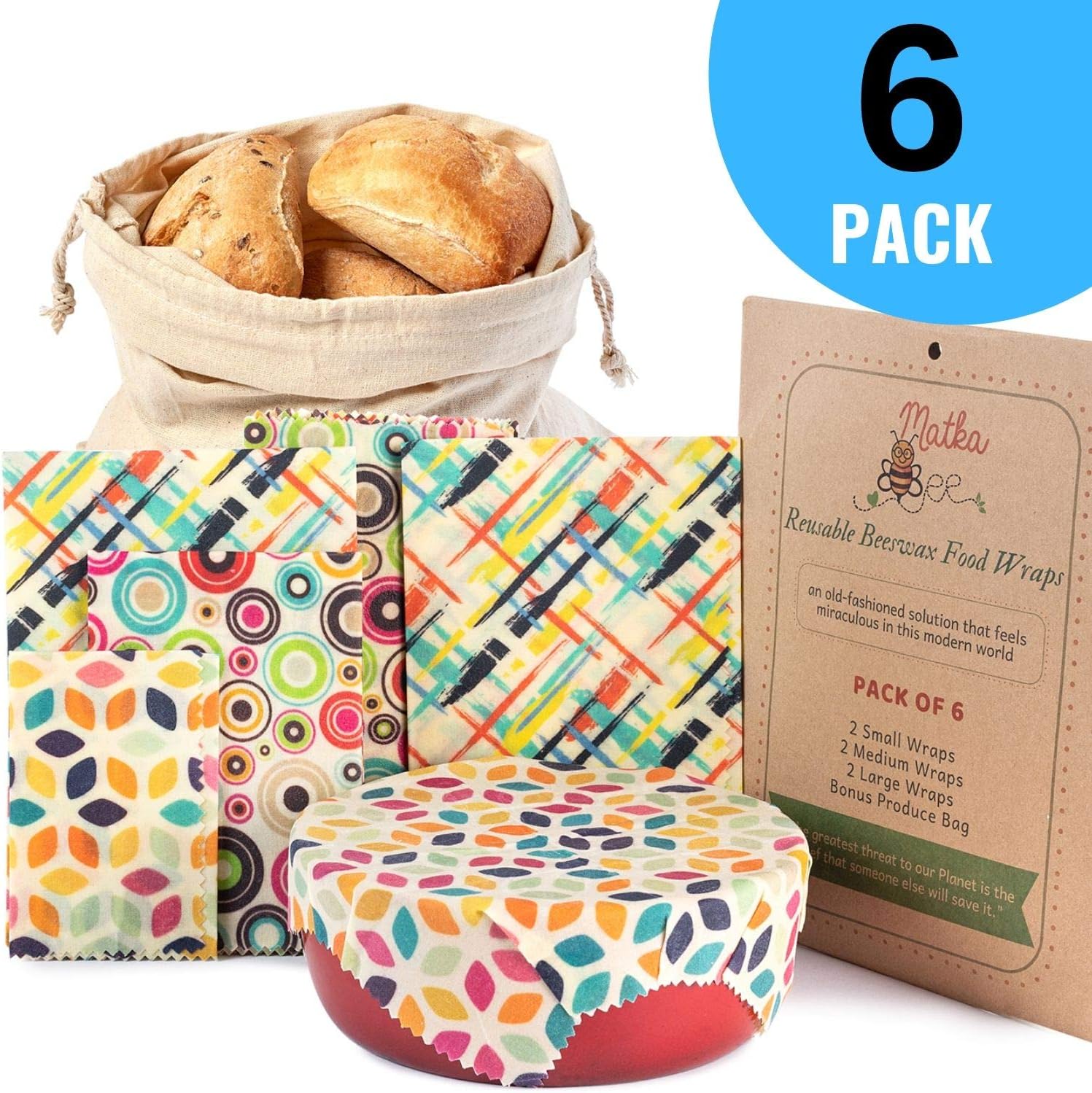 Reusable Beeswax Food Storage Wrap - Set of 6 - Sustainable, Non Plastic Alternative to Saran Wrap - Waxed Cotton Cloth for Sandwich Wrapping - 2L, 2M, 2S Wax Wraps