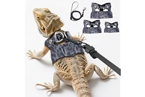 AIITLE 3 Pack Adjustable Bearded Dragon Harness and Leash Set - Leopard Print, Comfort Soft Leather Vest for Lizards, Iguanas, Guinea Pigs, Outdoor Camping & Walking, Blue