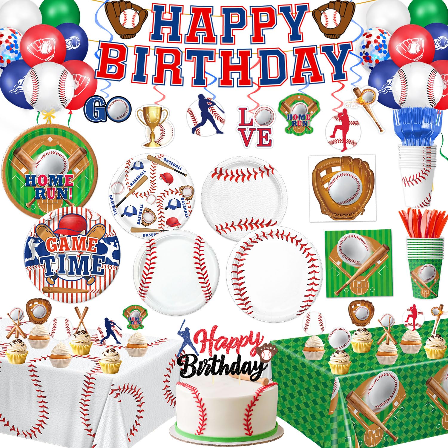 Photo 1 of Oigco Baseball Birthday Decorations Includes Plates, Napkins, Cups, Cutlery, Cake & Cupcake Toppers, Banner, Hanging Swirls, Tablecloth, Balloons for Baseball Party Decorations, Serve 24
