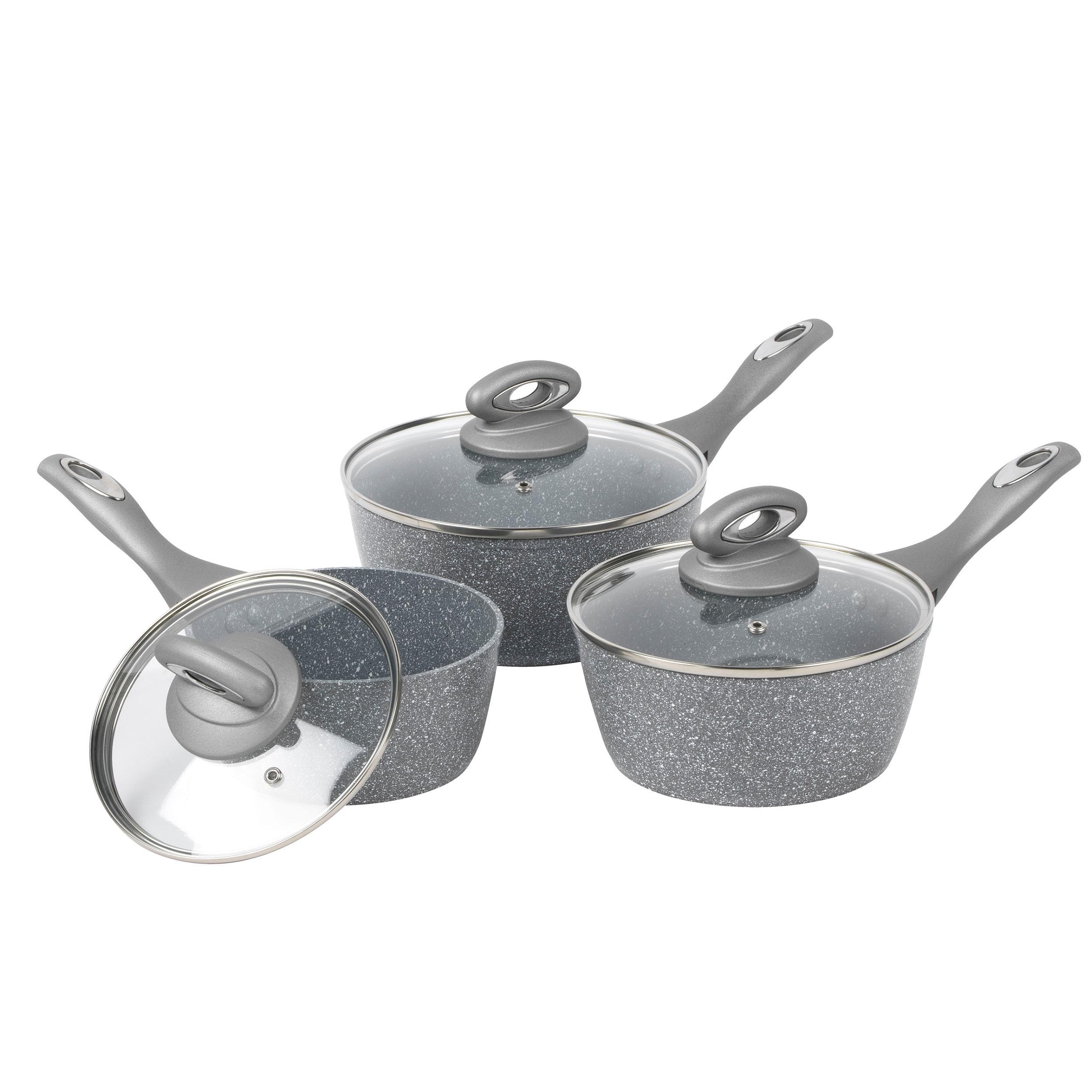 Salter BW02986GEU7 Marblestone 3 Piece Saucepan Set – 16cm, 18cm, 20cm Pans, Non-Stick, Tempered Glass Lids, PFOA-Free, Corrosion Resistant Forged Aluminium, Suitable for All Hobs, Dishwasher Safe — image 1